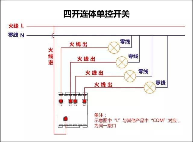 多聯(lián)連體單控開(kāi)關(guān)接線(xiàn)圖